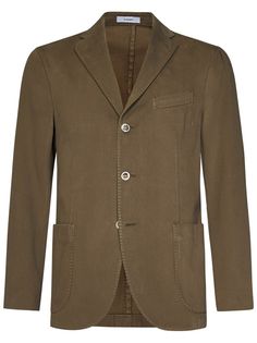 Single-breasted three-button closure Lapel collar; Long sleeves Welt chest pocket, side patch pockets; Inner pocket with sewn-in label Buttoned cuffs Double back vent Partially lined Color: beige 98% Cotton, 2% Elastane Made in Italy Designer Brown Blazer With Buttons, Luxury Cotton Outerwear With Button Closure, Business Khaki Outerwear With Buttons, Designer Sport Coat With Pockets For Business Casual, Designer Sport Coat For Business Casual, Designer Business Casual Sport Coat With Pockets, Designer Semi-formal Outerwear With Button Closure, Khaki Business Blazer With Welt Pockets, Designer Brown Blazer With Pockets