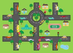 a city intersection with cars, buses and buildings on the road in flat design style