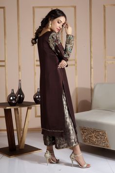 Celestia | Pakistani Designer Outfit | Sarosh Salman Unstitched Raw Silk Straight Kurta Kaftan, Festive Sequin Straight Kurta Set, Designer Wear Sequin Straight Kurta Set, Designer Sequined Kurta With Traditional Drape, Sequin Straight Kurta Sets, Semi-stitched Sequin Straight Kurta, Designer Sequined Straight Kurta, Long Sleeve Raw Silk Palazzo Set With Zari Work, Semi-stitched Straight Kurta With Sequins