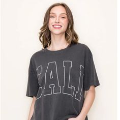 Nwot Boutique Quality Tres Bien Cali Graphic Tee Oversized Short Sleeve Really Beautiful Shade Of Gray Premium Washed High Quality 100% Cotton Bust 22” Length 28” Casual Tan Tops With Text Print, Casual Tan Top With Text Print, Relaxed Fit Tan Top With Text Print, Tan Relaxed Fit Top With Text Print, Graphic Tee Oversized, Black Velvet Shorts, Smocked Tube Top, Shade Of Gray, Maroon Blouse