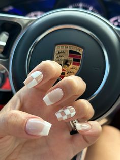 Womens Nail Ideas, Racecar Nails Acrylic, Fun And Colorful Nails, Checkerboard French Tip Nails, White French Tip Nails With Design Square, Race Flag Nails, Race Theme Nails, Checkered Flag Nails Racing, Racing Nail Ideas