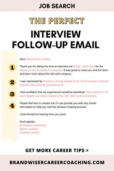 the interview follow - up email form is shown in yellow and black, with an image of