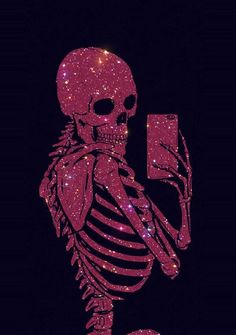 a skeleton holding a cell phone in its right hand with glitters all over it