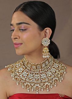 Double Layered Floral Bridal Necklace Set Riana by Shikha Jindal - Fabilicious Fashion Kundan Yellow Gold Jewelry For Diwali, Diwali Kundan Yellow Gold Jewelry, Diwali Gold Jewelry With Stone Work, Gold Plated Meenakari Chandbali Bridal Necklace, Elegant Kundan Bridal Sets With Zari Work, Gold Bridal Necklace With Stone Work For Festive Occasions, Yellow Gold Kundan Temple Jewelry, Gold Plated Kundan Necklace With Tilla For Ceremonial Events, Ceremonial Gold Plated Kundan Necklace With Tilla