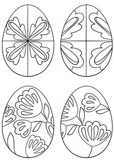 four easter eggs with flowers and butterflies on them, each painted in different colors to match the