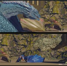 there are two pictures of the same dragon with umbrellas in front of rocks and water