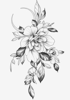 a black and white drawing of flowers with leaves on the bottom half of their petals