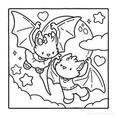 a black and white drawing of two children flying in the sky