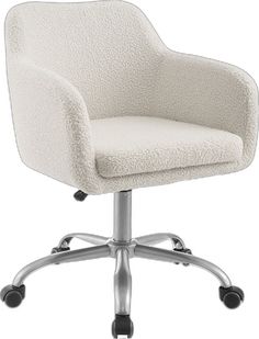 a white office chair with wheels and casteors on an aluminum base, viewed from the front