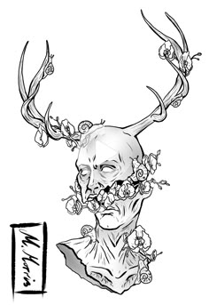 a black and white drawing of a skull with flowers in its antlers on it's head