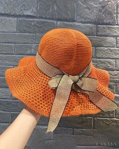 Lasaky - Bowknot Decor Woven Bucket Hat Casual Adjustable Orange Sun Hat, Adjustable Lightweight Hats One Size, Casual Orange Adjustable Sun Hat, Lightweight Adjustable One Size Hats, Lightweight Adjustable One-size Hats, Spring Brown Knitted Hats, Adjustable Sun Hat For Fall Vacation, Adjustable One Size Cloche Hat For Spring, Knitted Wide Brim Hat For Vacation