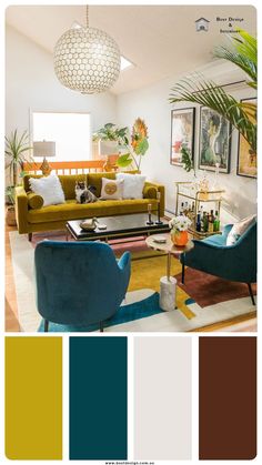 a living room filled with furniture and lots of color swatches in shades of blue, green