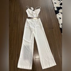 Zara High Waisted Pants And Crop Top Set White Cropped Bottoms For Party, Cropped White Party Bottoms, Chic Two-piece Set Bottoms For Workwear, Chic Party Sets With High-waisted Pants, Elegant Two-piece Pantsuit For Summer, Elegant Two-piece Summer Pantsuit, Chic Cropped Two-piece Bottoms Set, Chic Cropped Two-piece Pants Set, Chic Cropped Pants Two-piece Set