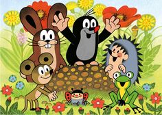 an image of three cartoon animals in the grass with flowers and plants behind them,