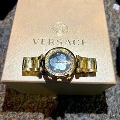 Very Lightly Worn Unisex Versace Watch. Condition Is Like New. Luxury Gold Diamond Watch With Tachymeter, Versace Watch, Versace Accessories, Accessories Watches, Limited Time, Versace, Mens Accessories, Like New, Gold