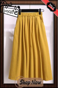 Pleated A Line Skirts Casual Full Skirt In Solid Color, Yellow Solid Color Skirt For Summer, Plain Long Skirt For Summer, Yellow Wide Leg Maxi Skirt With Lining, Casual Solid Yellow Skirt, Casual Pleated Culottes, Summer Plain Relaxed Fit Skirt, Summer Casual Pleated Culottes, Plain Summer Skirt