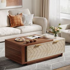 Sleek Dual-Tone Design - This coffee table combines warm walnut and fresh oak veneers, offering an attractive and versatile contrast for diverse interior styles. Unique V-Shaped Drawer Pattern - The drawers display a unique V-shaped wood grain pattern, adding a touch of sophistication and artistic flair to the overall design. Flexible Design - The table's extendable feature lets you adjust its width to fit your space needs. The additional open shelf provided after the extension enables easy access to frequently used items. Ample Storage - The coffee table comes with two large drawers, providing plenty of storage for your living room essentials and helping maintain a neat and organized look. Elegant Brass Accents - Alongside their practical function, the brass drawer pulls add a refined tou Rectangle Coffee Table Wood, Extendable Coffee Table, Long Console Table, Wood Grain Pattern, Coffee Table Rectangle, Table Centers, Living Room Spaces, Coffee Table Wayfair, Open Shelf