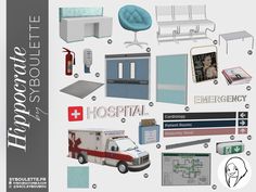 the hospital brochure includes medical equipment, including an ambulance car and emergency vehicles