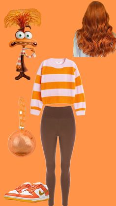 an orange and white striped sweater, brown leggings, and sneakers are featured in this image