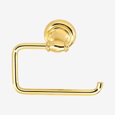 a gold toilet roll holder on a white background, with the handle extended to it's left side