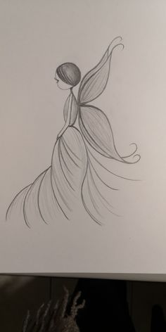 a pencil drawing of a woman with long hair and flowing dress on her back, in front of a white background