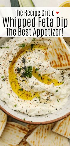 the recipe for whipped feta dip is in a bowl with pita bread