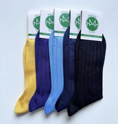 Our new ribbed dress socks which are made from high quality Egyptian Cotton is here! Luxurious and comfy socks for your all day comfort! 97% Egyptian Cotton 3% Elastane  Mid-Calf ** The hand-linked toe finish ensures that the socks do not bunch up, preventing blisters from forming. ** The reinforced heel and toe provide long-lasting durability and endurance, making them ideal for daily wear. ** Vibrant colors Made in Turkey with high-quality materials. How to take care of your cotton socks? Mach Classic Ribbed Socks, Classic Fitted Ribbed Socks, Classic Ribbed Fitted Socks, Groomsmen Socks, Purple Socks, Yellow Socks, Mens Dress Socks, Comfy Socks, Blue Socks