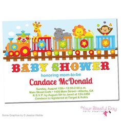 a baby shower card with a train and giraffes on the tracks,