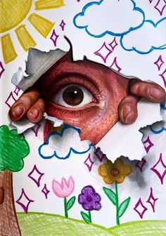 an eye peeks through a torn piece of paper with flowers and clouds in the background