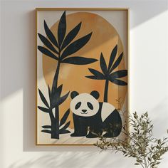 a panda bear sitting in front of some plants