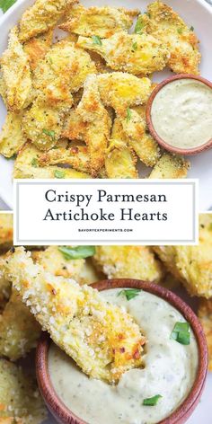 crispy parmesan artichoke hearts with ranch dip in the middle on a white plate