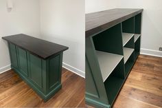 two pictures of a green bookcase in the corner of a room with wood floors