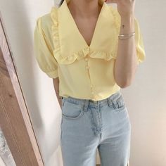 SIZE TABLE Measurement in CM SIZE Length Bust Sleeve Shoulder S 57 94 27 31 M 58 98 28 32 L 59 102 29 33 XL 60 106 30 34 NOTE: 1.Please strictly follow the size chart to select the size. Do not select directly according to your habits. 2. The size may have 2-3 cm differs due to manual measurement. Please note when you measure. Trendy Doll Collar Top For Summer, Cute Fitted Spring Blouse, Cute Fitted Blouse For Spring, Solid Color Blouse With Collar For Spring, Fitted Collar Blouse For Summer, Cute Yellow Spring Blouse, Trendy Ruffled Collar Top, Spring Blouse With Cute Collar, Feminine Summer Blouse With Doll Collar