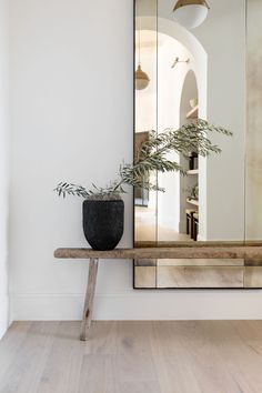 a plant is sitting on a wooden bench in front of a large mirror and light fixture