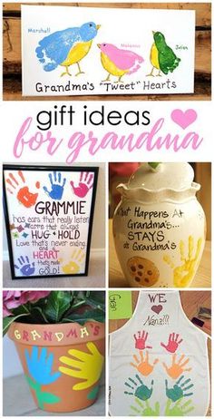 handprinted gifts for grandmas and grandpas on display in front of a sign