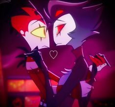 two cartoon characters hugging each other in front of a dark background with red and purple lights