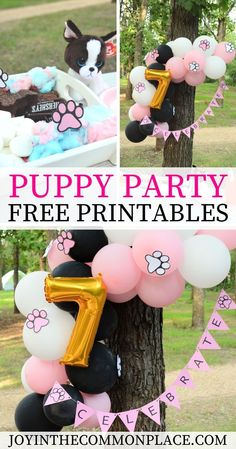 puppy party printables for kids and adults with balloons in the shape of letters