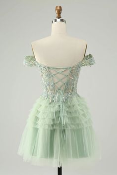 Amzcw Sparkly Light Green A Line Off The Shoulder Corset Tulle Homecoming Dress with Sequins Sage Green Cocktail Dress, Sweet 16 Dresses Short, Hoco Ideas, Homecoming Dresses Sparkly, Tulle Cocktail Dress, Lovely Partner, Green Cocktail Dress, Tulle Homecoming Dress, Dress With Sequins