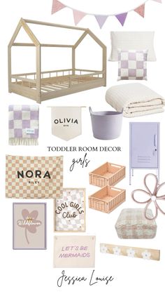 a collage of various items including a bed, dresser and other things in pastel colors