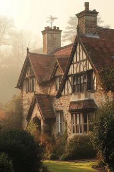 an old house in the middle of a foggy day with trees and bushes around it