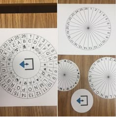 four different pictures showing how to make a wheel of numbers with letters and numbers on them