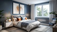 a bedroom with blue walls, white bedding and two paintings hanging on the wall