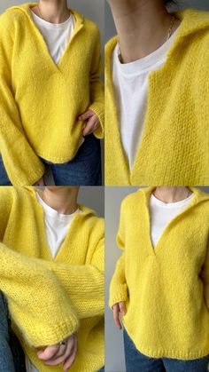 four photos of a woman wearing a yellow sweater