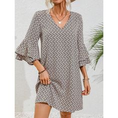 Season:Summer,Spring; Fabric:Polyester; Sleeve Length:3/4 Length Sleeve; Look After Me:Machine wash; Gender:Women's; Style:Streetwear; Elasticity:Micro-elastic; Occasion:Street,Vacation,Date; Fit Type:Loose Fit; Dresses Type:Casual Dress,SpringDress; Pattern:Geometric; Design:Print,Ruffle; Neckline:V Neck; Sleeve Type:Ruffle Sleeve; Front page:FF; Listing Date:03/12/2024; Bust:; Length:; Shoulder Width:; Sleeve:; Fit US Size:; Fit UK Size:; Fit EU Size:; Dress Length Type:Mini Dress; Print Type: Activewear Trends, Spring Dresses Casual, Flare Sleeve Dress, Boho Summer Dresses, Sweater Trends, Flounce Sleeve, Dresses Summer, Vestido Casual, Bell Sleeve Dress