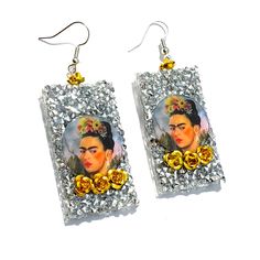 Frida Kahlo Handcrafted Earrings 2 3/4 Inches Silver Sparkling Crystal Earrings As Gift, Silver Sterling Crystal Earrings With Bling, Silver Sterling Silver Crystal Earrings With Bling, Unique Silver Jewelry With Sparkling Details, Handmade Sterling Silver Crystal Earrings For Party, Dangle Earrings With Bling For Gift, Bling Dangle Earrings For Gift, Sterling Silver Bling Crystal Earrings For Gift, Sterling Silver Bling Earrings For Gift