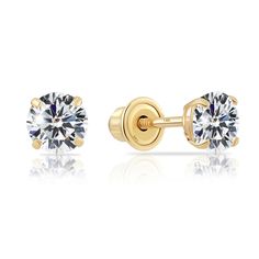 These stunning 14K gold cubic zirconia stud earrings are a perfect blend of elegance and practicality. Crafted from all parts solid 14K gold, they offer a luxurious shine and durability that ensures they will last for years to come. The sparkling cubic zirconia stones provide a brilliant, diamond-like appearance, adding a touch of glamour to any outfit. Whether you’re dressing up for a night out or looking to add a subtle sparkle to your everyday look, these cubic zirconia stud earrings are vers Classic Gold Diamond Earrings Hypoallergenic, Yellow Gold Round Diamond Earrings With Screw Back, Round Yellow Gold Diamond Earrings With Screw Back, Gold Screw Back Round Cut Jewelry, Classic Yellow Gold Hypoallergenic Diamond Earrings, Gold Hypoallergenic Round Cut Diamond Earrings, Classic Hypoallergenic 14k Gold Diamond Earrings, Classic Hypoallergenic Yellow Gold Diamond Earrings, Hypoallergenic Gold Diamond Earrings