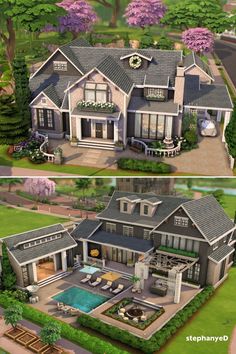 two renderings of a large house with a pool in the front and back yard