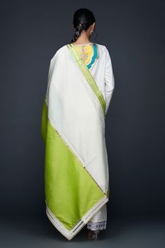 Off white cotton silk straight kurta with contrast jharokha embroidery using gota work. - Aza Fashions White Unstitched Suit With Pallu In Straight Kurta Shape, White Unstitched Suit With Pallu And Straight Kurta, White Cotton Silk Unstitched Suit With Zari Work, White Unstitched Straight Kurta Suit With Pallu, White Chanderi Kurta With Pallu, White Cotton Silk Churidar With Zari Work, White Cotton Silk Kurta With Dupatta, White Cotton Silk Churidar For Diwali, White Cotton Silk Dupatta For Eid