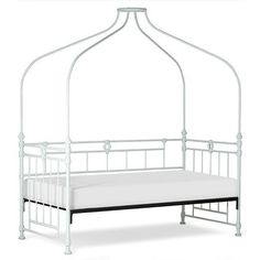 a white metal bed frame with a mattress underneath it and an open canopy over the top