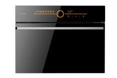 a black oven with gold trim and knobs on the front, is shown against a white background